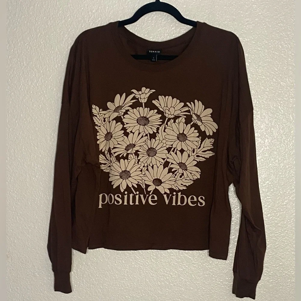 Torrid Positive Vibes Relaxed Fit Cotton Jersey Crew Neck Crop Tee Brown Size 1 - Picture 4 of 5